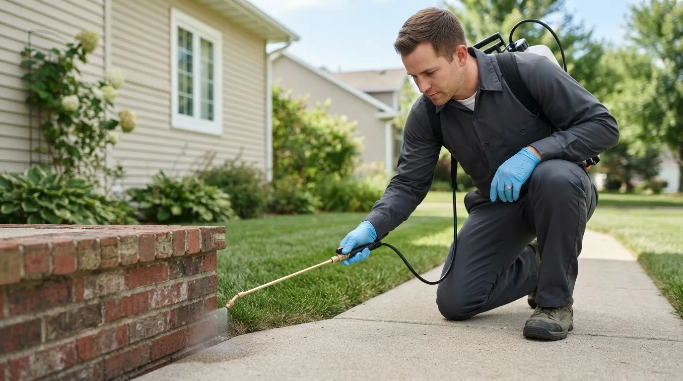 Pest control technician treating a home near Queenstown, MD
